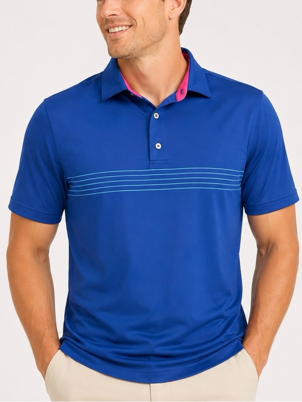 FootJoy Mens L Golf Polo Shirt Blue Pink Stripe Performance Stretch